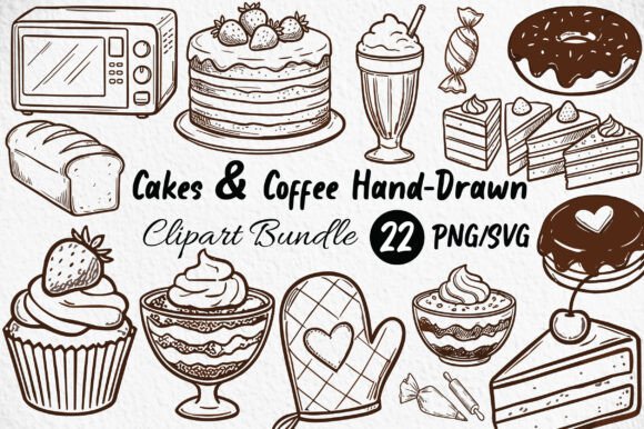 Cakes & Coffee Clipart SVG PNG Bundle: Hand-Drawn Bakery Charm