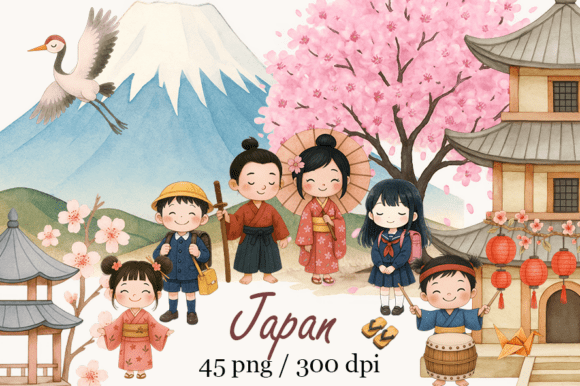 Cute Japan Clipart: Watercolor Japanese Design Assets