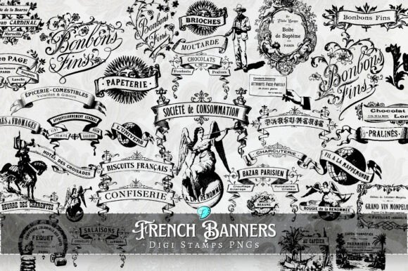 French Banners Digi Stamps PNGs for Your Crafts