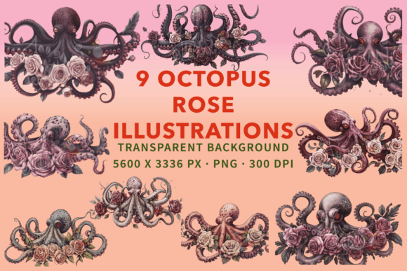 Octopus Rose Watercolor Clip Art: Undersea Elegance