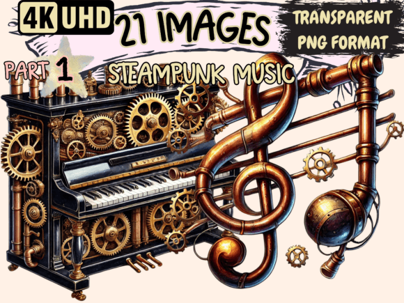 Steampunk Music Clipart P1: Mechanical Harmony for Your Designs