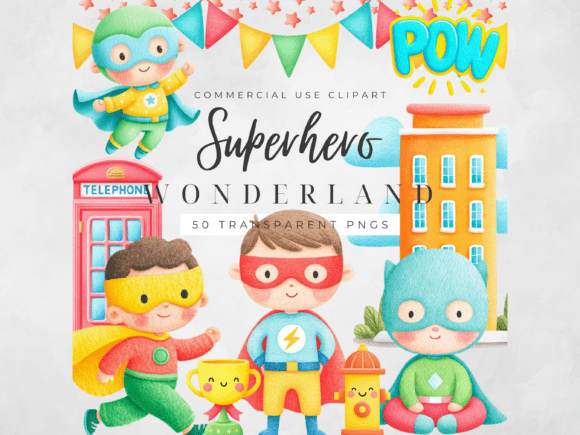 Unleash Action with Superhero Clipart Kids Watercolor PNG Set
