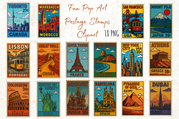 Unleash Retro Energy with Fun Pop Art Postage Stamps Clipart PNG